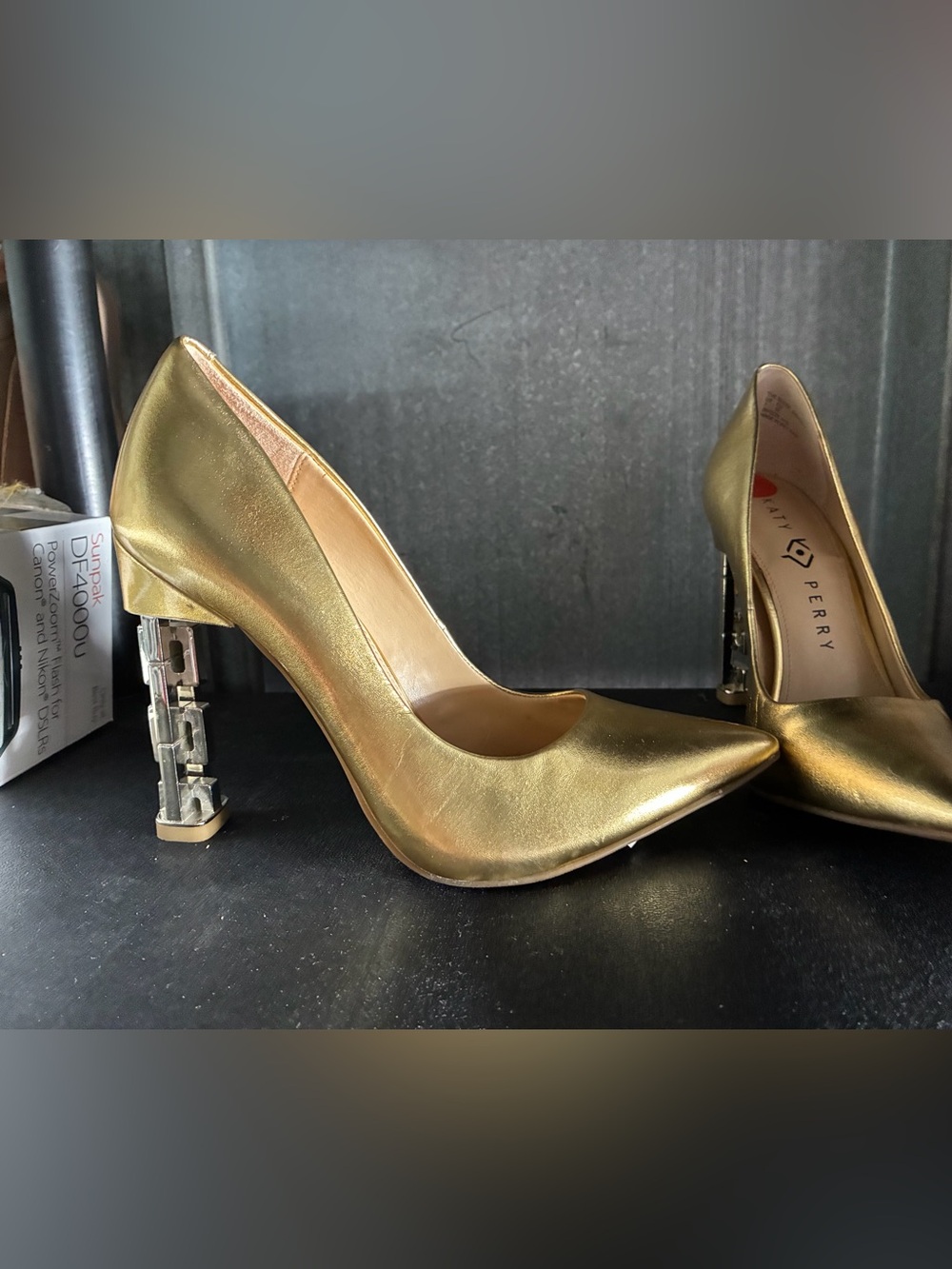Perry Ellis Gold Metallic Pointed-Toe Pump with Sculpted Heel